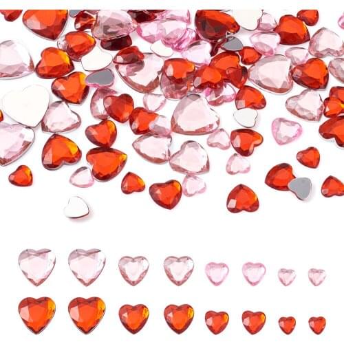 300pcs/set Acrylic Rhinestone Cabochons Heart Flat Back Faceted Mixed Color, 12~25x12~25x3~4.5mm