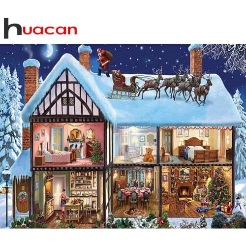 Huacan Diamond Embroidery Mosaic Landscape House 5D DIY Diamond Painting Winter Picture Of Rhinestones Christmas Decor