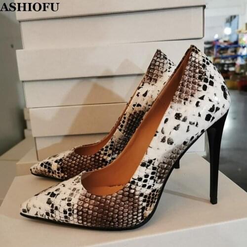 ASHIOFU Handmade Ladies High Heel Pumps Slip-on Party Office Dress Shoes Faux-snake Leather Evening Fashion Pumps Court Shoes