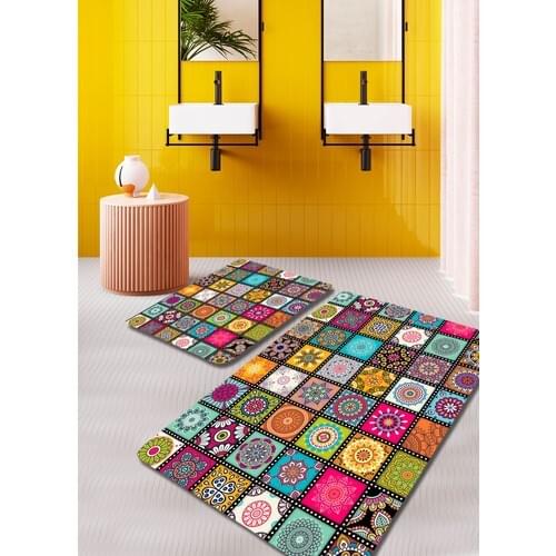 Colorful Color Colorful 2'li Washable Bath Mat Doormat Toilet Seat Pad