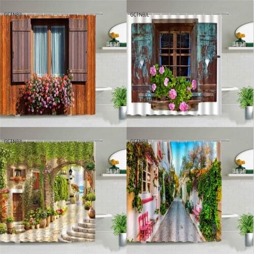 Flowers Scenery Waterproof Shower Curtains Rural Street Background Wall Decor Hanging Curtain Bathroom Toilet Partition Screens