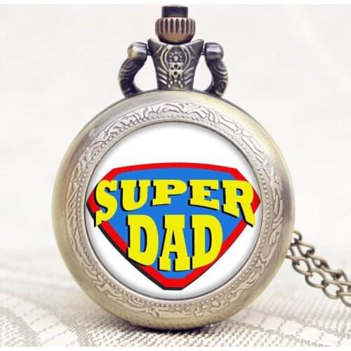 Old Retro Bronze Super Dad Words Design Pocket Watch With Chain Necklace Best Gift To Dad/Grandpa Father/Grandfather