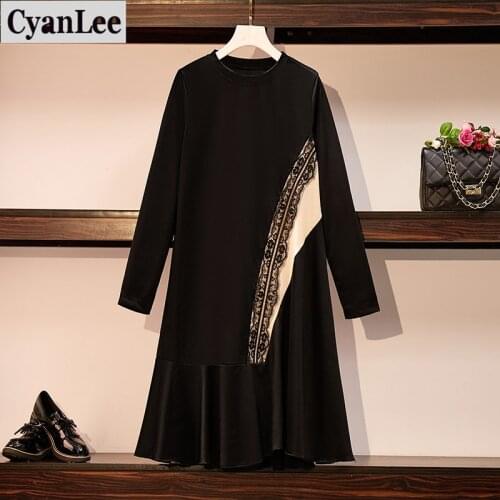 Cyanlee Plus Size Women Black Mermaid Dress Autumn 2020 Long Sleeve Patchwork Flower Eyelash Lace Loose Casual Ruffle Dress 5XL