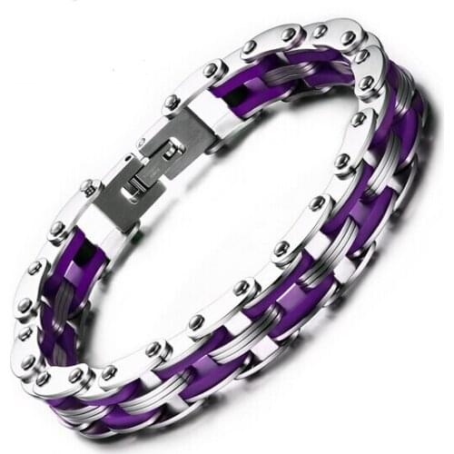 Hot selling purple silicone Stainless steel Motorcycle Biker chain bracelet Women Mens Jewelry Bangle 10mm 8