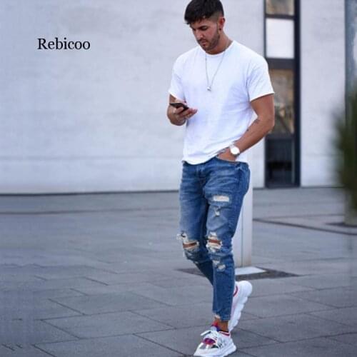 Fashion Casual Plus Size Men Jeans Solid Slim Ankle Length Denim Trousers Hole Ankle Length Streetwear