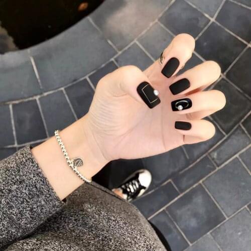 American style New matte black pure color with 3d decoration fake nails french gothic false nails 24pcs lady full nail tips