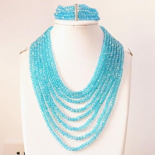 Sky Blue Crystal Glass 4x6mm Beads Fashion Diy Jewelry Set 8 Rows Chain Nacklace 5 Rows Bracelet B854