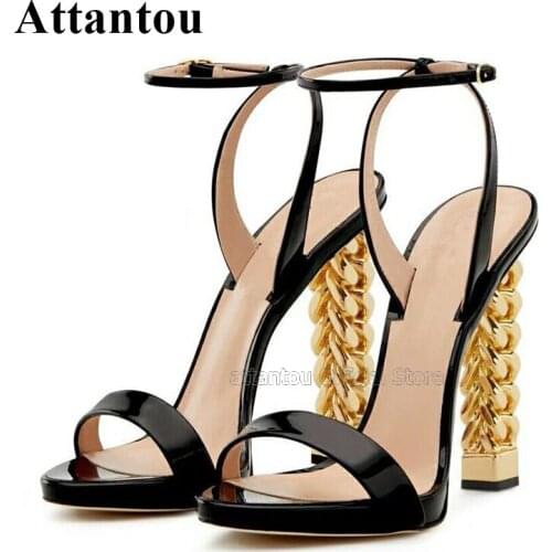 Strange Heeled Knitted Metal High Heel Sandalias Mujer One-strap Patent Leather Summer Open Toe Sandals Women Party Dress Shoes