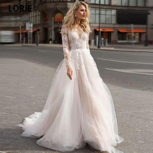 LORIE Charming Lace Wedding Dresses Beach A-line Bridal Gowns illusion Long Sleeve Open Back Princess Party Dresses Custom Made