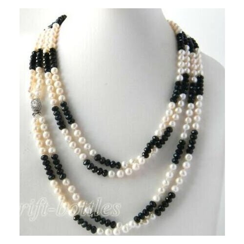2Strands 44'' white round freshwater pearl black faceted crystal Necklace