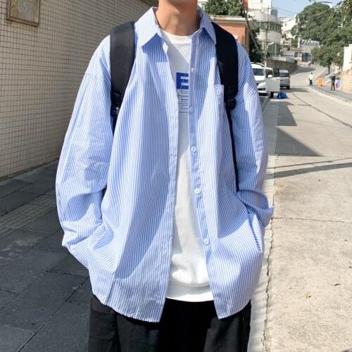 Autumn New Mens Shirts Korean Fashion Button Down Long Sleeve Black Blue Harajuku Loose Cotton Striped Shirt 4XL 5XL