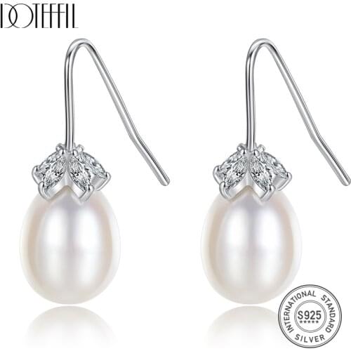 DOTEFFIL 925 Sterling Silver Zircon Drop Earrings Genuine Natural Freshwater Pearl Earrings For Women Jewelry Wedding/Party Gift