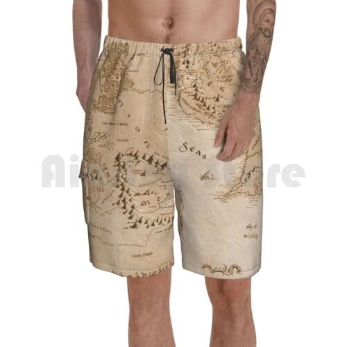 Tolkien Map Of Middle Earth Beach Shorts Men Beach Pants Swim Trunks Gollum Frodo Sam Jrr Fantasy Salvatore White