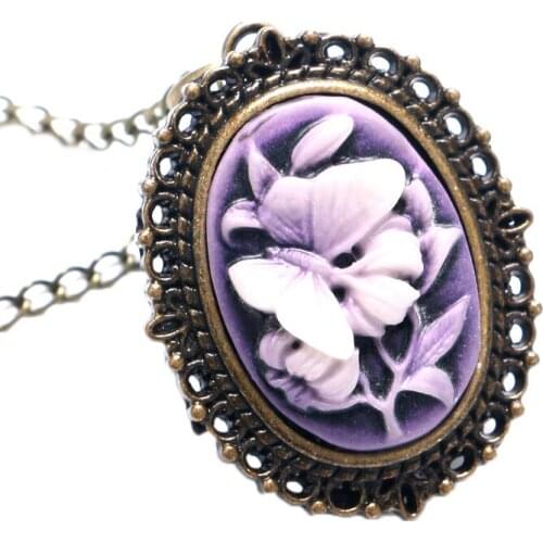 Purple Butterfly Flower 3D Design Vintage Retro Quartz Pocket Watch With Sweater Necklace Chain For Women Ladies