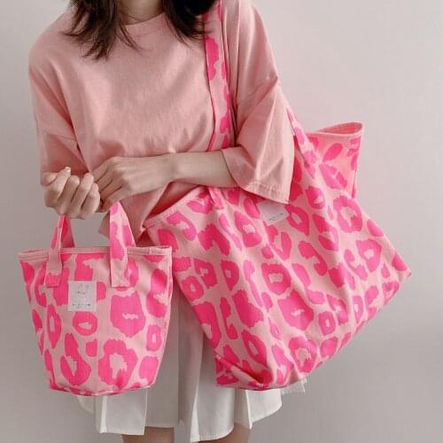 Pink Leopard Canvas Shoulder Bag for Women 2021 New Casual Large Capacity Totes Ladies Cute Tote Mini Bucket Travel Bags Handbag