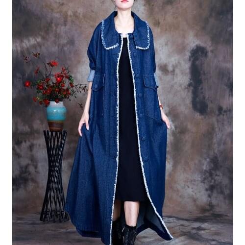 Women Autumn Denim Trench Coat Outerwear Ladies Spring Ripped Loose Topcoat Female Long Denim Coat 2021