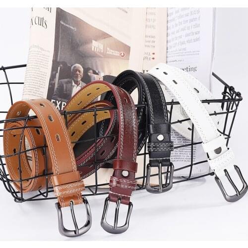 1Pcs 105 CM Fashion Womens Casual Leather Slim Waist Belt Leather Waistband With Pin Buckle Black White Khaki Belts