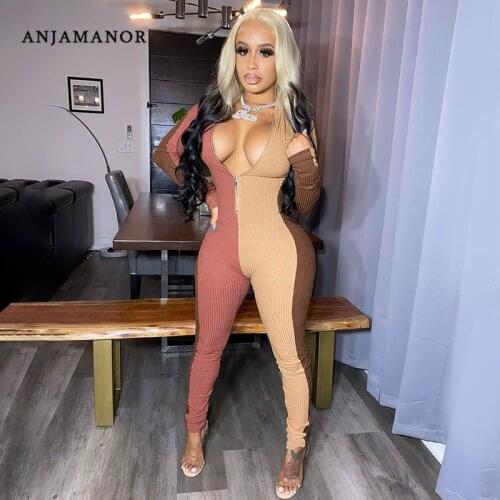 ANJAMANOR Color Block Ribe Knit Zipper Jumpsuits Long Sleeve Bodycon Pant Rompers Fall Winter 2020 Sexy Club Outfits D29-DC38