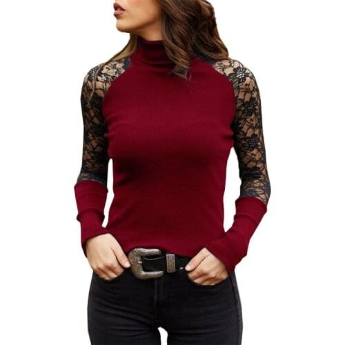 Spring and Autumn Women Knitted Turtleneck Sweater Casual Soft O-neck Jumper Fashion Slim Lace Hollow Out Long Sleeves Clothes