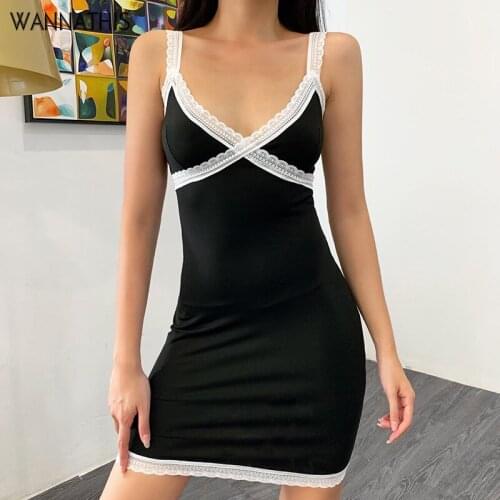WannaThis V-Neck Spaghetti Strap Summer Mini Dresses Women Sleeveless Patchwork Lace up Hem Skinny Elastic Elegant Sexy Dresses