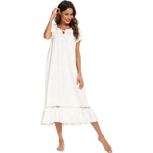 COMEMALL Women Ruffle Nightgown Solid Color Retro Sleep Dress Loose Casual Cute Homewear Short Sleeve Nightdress Sexy Soft