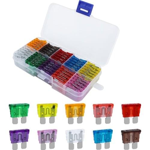 100pcs Motorcycle Truck Car Boat Standard SUV Fuses Set with Box 5A 7.5A 10A 15A 20A 25A 30A 35A 40A 50A AMP Blade Fuse