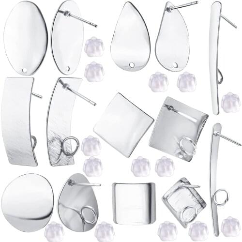 14pcs Silver Earring Studs Set,Earring Post Ear Studs Rhombus Flat Round Rectangle Earring Findings with Loop Hole,Earring Backs
