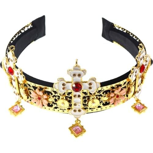 Baroque retro hair hoop Fashion wild cross pearl colorful crystal hair hoop bridal hair Pearl Metal Baroque Vintage Hair Band