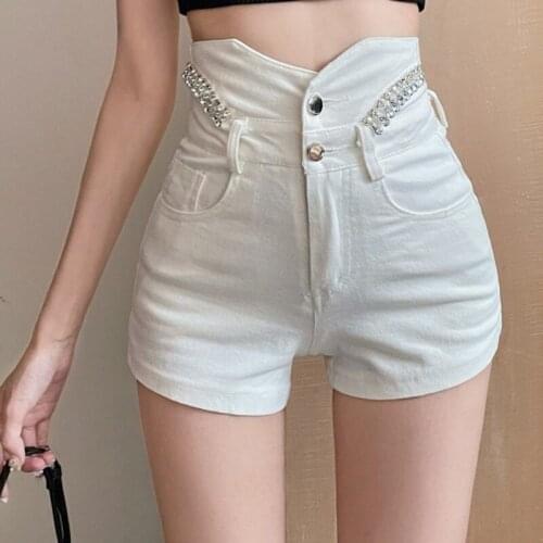 Black Sexy Diamond High Waist Denim Shorts Women Hot White Summer Punk Style Japanese Streetwear Short Jeans