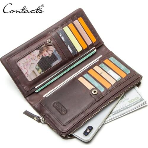 CONTACTS genuine leather vintage wallet men for cell phone mans clutch long wallets mens coin purse male cuzdan card holders