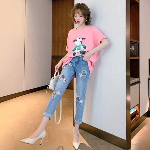 Color nail bead cloth high waist belt waist straight tube slim fitting jeans girl 2021 Spring new High Quality Top Quality