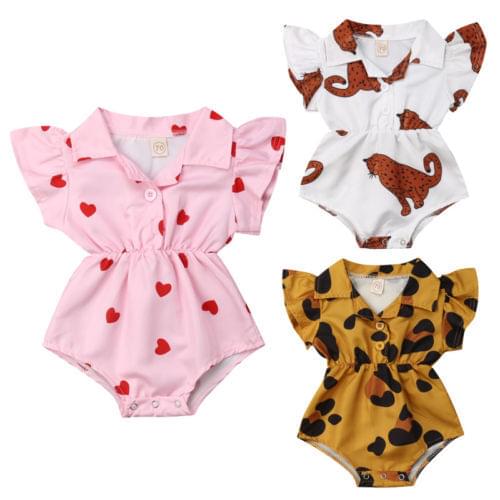 2019 Brand New Toddler Kids Baby Girls Boys Shirt Romper Short Sleeve Turn Down Collar Jumpsuits Summer Clothes Leopard Hearts