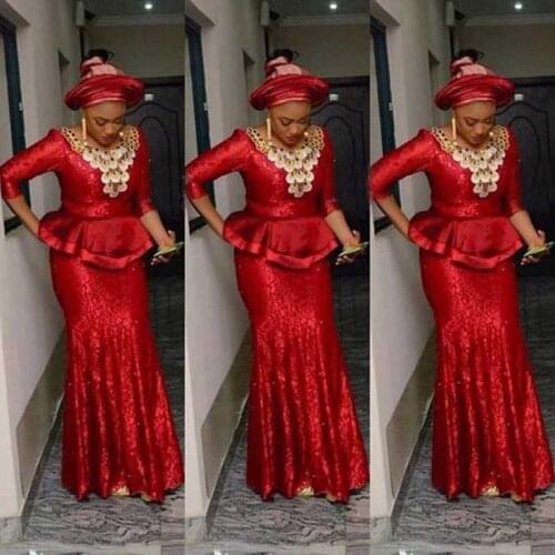 Elegant Red Lace Evening Dresses Aso Ebi Long Sleeve Mermaid Evening Dresses South African Prom Party Dress Abendkleider