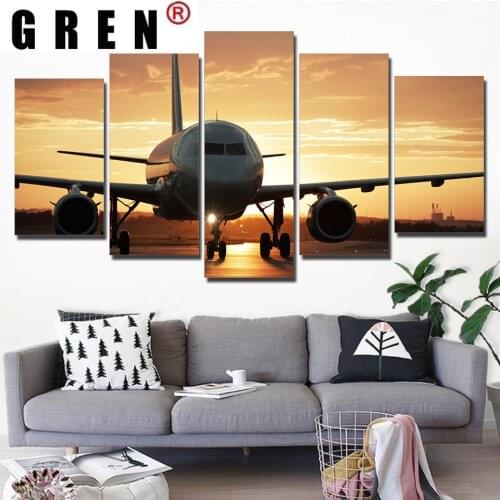GREN 5 Panels Golden Sunset Airplane Pictures Modular HD Prints Canvas Painting Wall Art Posters For Living Room Home Decor