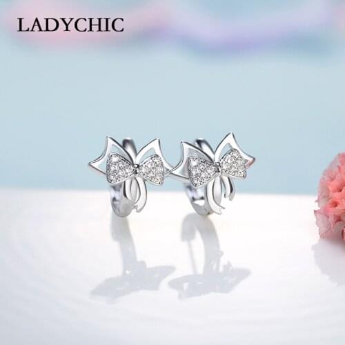 LADYCHIC Presents Silver Color Sparkling Bowknot Stud Earrings Inlay Clear CZ Stone Cute Small Earring Jewelry for Women LE1023