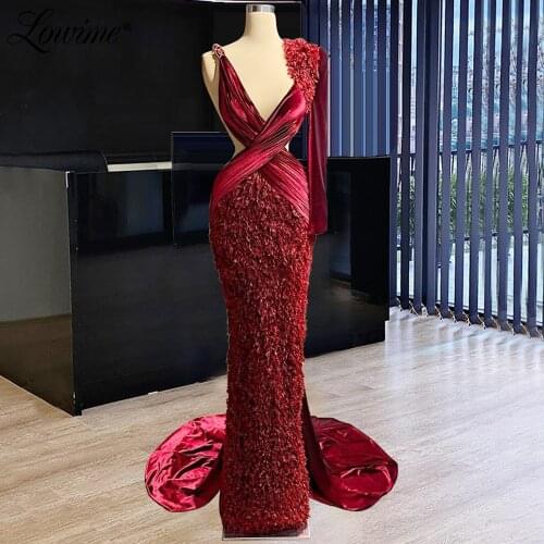 Lowime Couture Dubai Wine Red Evening Dresses Muslim Arabic Kaftans Mermaid Party Gowns 2021 Vestidos De Fiesta Long Prom Dress