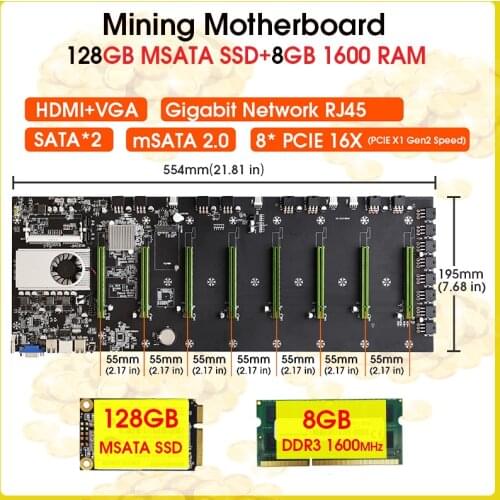 D37 Mining Motherboard 8 GPU Ethereum Crypto Bitcoin Mining Support DDR3 8GB 1600 RAM and 128GB MSATA SSD SET 1037