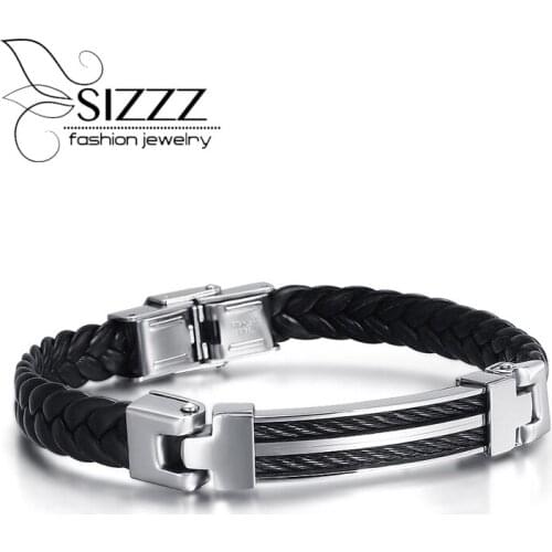 SIZZZ 20cm Long 8mm Wide Jewelry Exquisite PU Leather Trendy Stainless Steel Bracelet&Bangle For Men