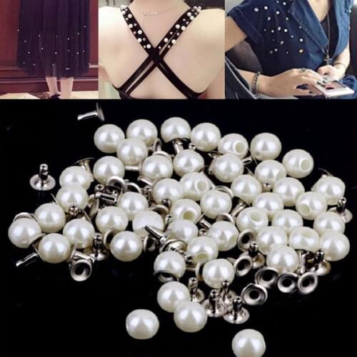 100 Set White 6mm Pearls Rivets Studs Beads Accessories DIY Wedding Decor Leather Bag Shoes Clothes Decoration