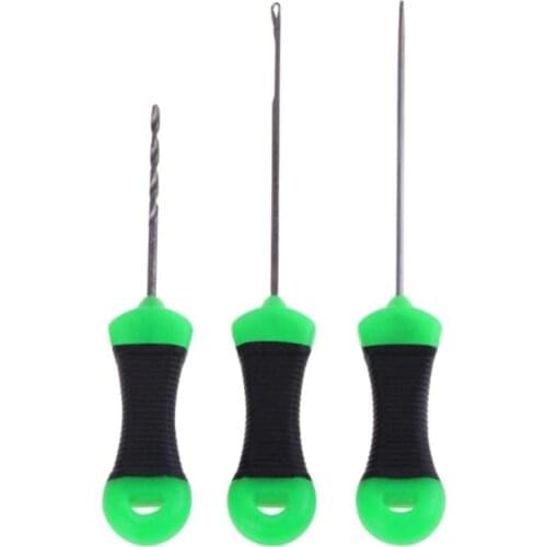 3 Pcs/ Set Metal+Plastic Fishing Bait Needle Portable Outdoor Carp Fishing Lure Needle Set Green Threading Rigging Tool Supplies