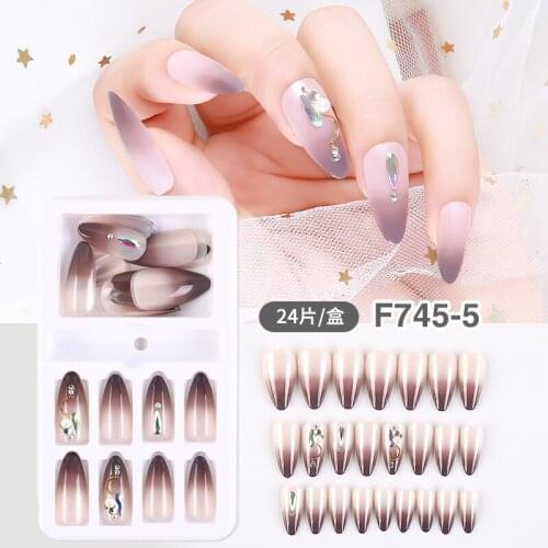24-Piece Set Of Bean Paste Color Gel Dreamy Fake Nails Almond Pointed Dark Sexy Detachable Gradient Nail Art With Glue