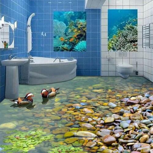 Chinese Style Mural Wallpaper Pool Stone Mandarin Duck Photo Wall Paper Waterproof For Bathroom PVC Wear Self-adhesive Material