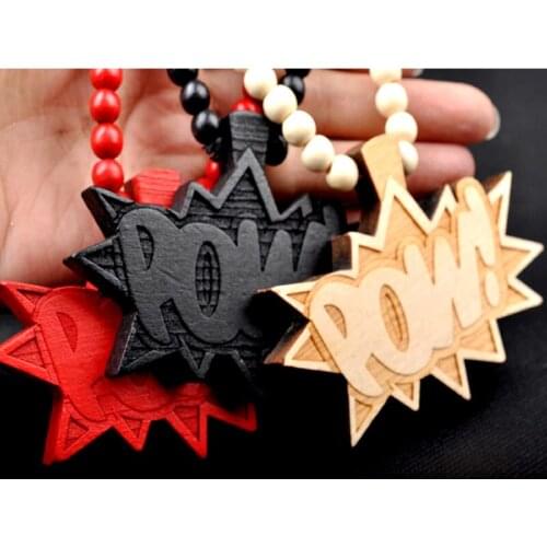 New Hip Hop Wood Letter Pow Necklace For Men Rock Long Beads Chain Pendant Necklace Male Jewelry Boyfriend Gift