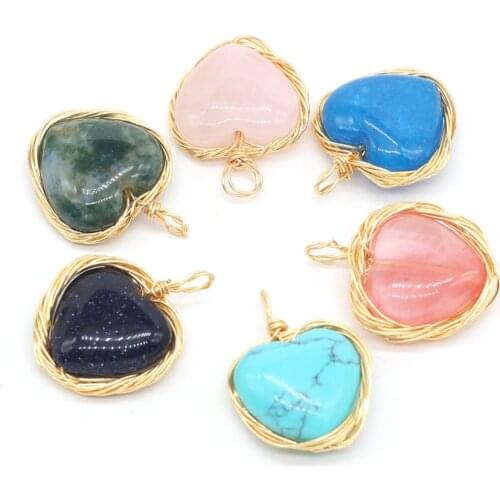 2021 New Fine Copper Wire Wrapped Hearts Charm Natural Stone Crystal Agat Healing Pendant for Necklace Earring Jewelry Making
