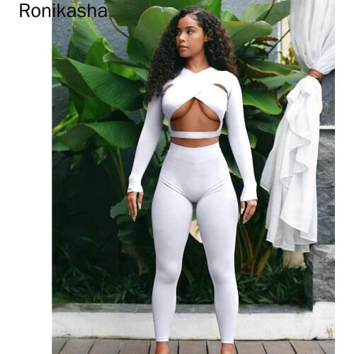Ronikasha Women Two Piece Set Cross-over Hollow-out Design Top and Skinny Pants Trousers Suit Clubwear