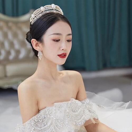 Baroque Luxury Crystal Pearl Bridal Tiaras Crown Rhinestone Pageant Diadem Evening Party Headband Wedding Hair Accessories