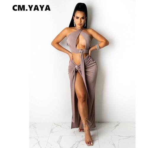 CM.YAYA Women Set Solid Sleeveless Halter Backless Cut Out Crop Tops Split Long Skirts Two 2 Piece Sets Sexy Night Outfit Summer