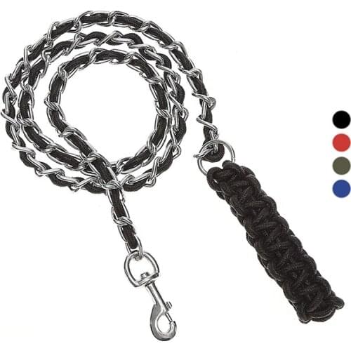 Anti Bite Heavy Duty Metal Chain Dog Leash Soft Nylon Braided Handle Pet Lead Training Rope Leads For Medium Large Dogs Supplies