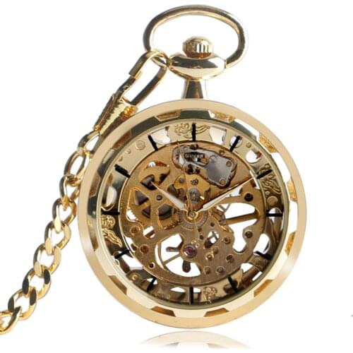 Vintage Skeleton Pocket Watch Men Golden Hand-winding Mechanical Watch Transparent Skeleton Pendant Fob Chain Pocket Watch Women