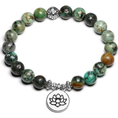 High Quality Natural 8 MM African Turquoise Stone Bracelets Yoga Jewelry Lotus OM Mala Beads Bracelet For Men And Women